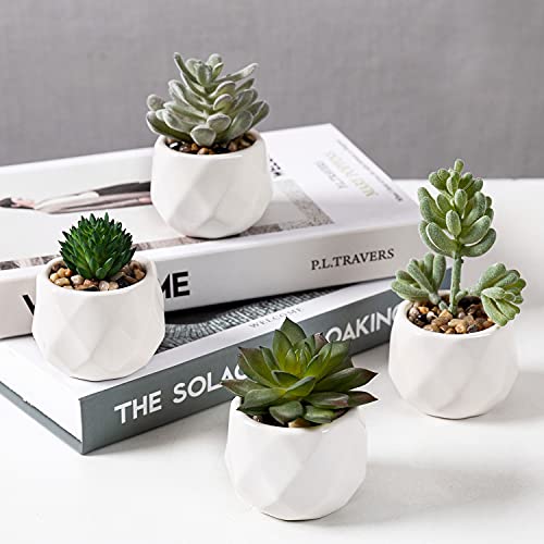 Mygift Set Of 4 Mini Assorted Artificial Succulent Fake Plants In Modern White Textured Ceramic Plant Pots #TOP1