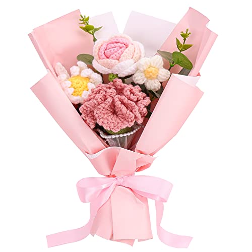 Omldggr Completed Handmade Knitted Bouquet, Pink Crochet Flowers Bouquet Knitted Fake Carnation Mix Crochet Bouquet for Valentine's Day Christmas Birthday Wedding Teacher’Day