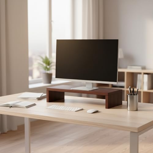 Image of flux Monitor Stand Wooden | Monitor Stand Riser | PC Stand For Desktop Table | , Non Slip, Material: Particle Board Wooden Walnut Brown