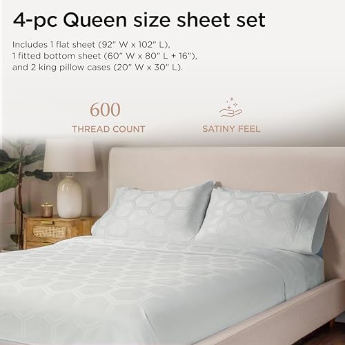 Image of Threadmill 100% Cotton Sheets for Queen Size Bed - 600 Thread Count Queen Bed Sheets Set with 16 inch Deep Pocket - Jacquard Sateen Weave 4-Piece Bedding Set with Cooling Effect, Light Grey