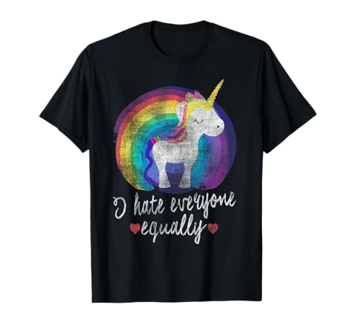 I Hate Everyone Equally Rainbow Unicorn unicórnio arco-íris t-shirt, Preto, S
