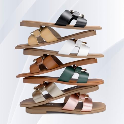 FITORY Women's Flat Sandals Fashion Square Open Toe Slides With Metal Chain Slippers for Summer Size 6-114