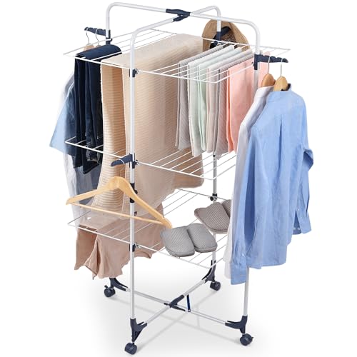 APEXCHASER Clothes Drying Rack, 3-Tier Collapsible Laundry Rack Stand Garment Drying Station with Wheels and 4 Hooks, Indoor-Outdoor Use, for for Bed Linen, Clothing, Socks, Scarves
