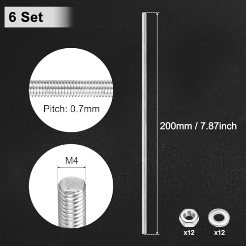 M METERXITY 6erPcs Vollgewindestange M4x200mm 201 Edelstahl Rechtsgewinde Stiftschrauben Mit Sechskantmuttern Und Unterlegscheiben Für Möbelankerbolzen/Klemmen/U-Bolzen/Perlengartenpfähle