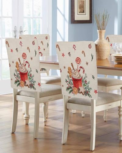 Gsypo 6 Pcs Christmas Chair Back Covers, Gingerbread Man Dining Chair Covers Coffee Cappuccino Vintage Chair Slipcovers, Removable Washable Chair Protectors Covers for Xmas Holiday Party Decor