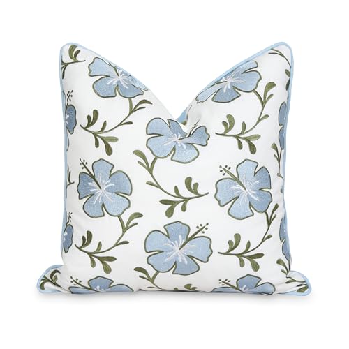 Hofdeco Premium Coastal Patio Indoor Outdoor Throw Pillow Cover Only, 18"x18" Water Repellent for Backyard, Couch, Baby Blue Green Embroidered Hibiscus Floral with Piping