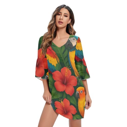 Robe col en V imprimé perroquets colorés pour femme tendance