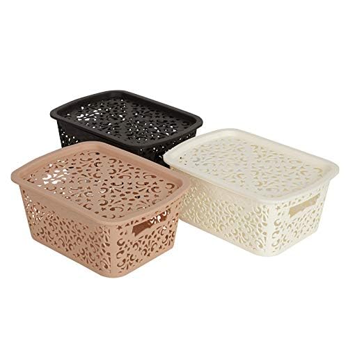 Image of Cutting Edge Essentials Plastic Storage Baskets /Shelf /Turkish Rack with Lid - Set of 3 for Fruit Vegetable Bathroom Stationary Home Basket with Handle (Brown,Beige & White - Small)