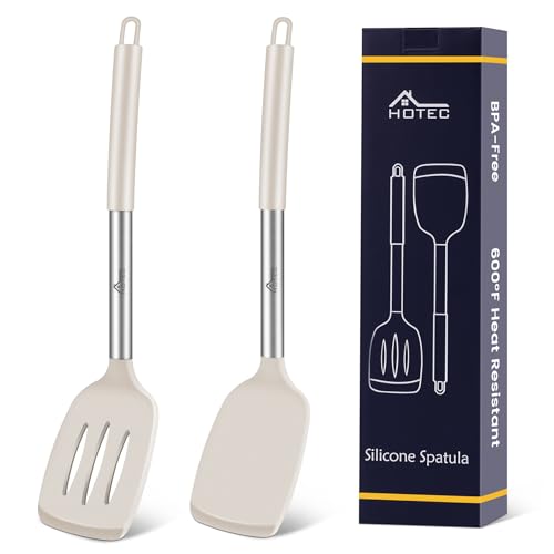 HOTEC Heat Resistant Silicone Solid Turner, Slotted Kitchen Spatulas set Cooking utensils (13.7inch Khaki)