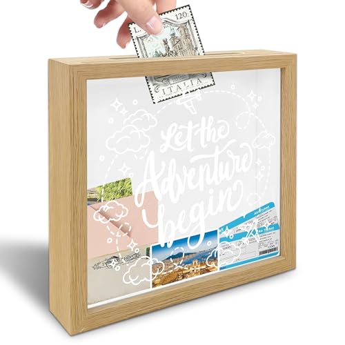 Let The Adventure Begin Shadow Box Frame Case - 8 x 8 Travel Decorative Box with Slot On Top - Wooden Adventure Archive Memory Saver - Decoration & Keepsake Gift Supplies - A04