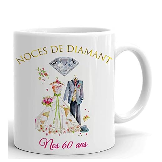 Tasse-Mug Cadeau Anniversaire 60 Ans de Mariage Noce de Diamant Original Amour Couple Romantique