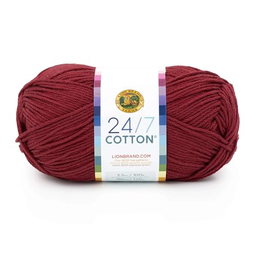Image of Lion Brand Yarn, 24 /7 Cotton Mercerized Lightweight Yarn for Knitting, Crochet, and Crafts, Burgundy, 1 Pack, 185 Yards of Natural Fiber for Breathable Tops, Durable Bags, and Easy-Care Dish Cloths | Light Worsted 100% Mercerized Cotton Yarn for Crochet, Knitting, Craft, 185 Yards of Natural Fiber for Tees, Bags, Dishcloths
