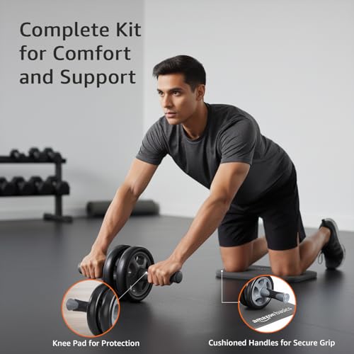Image of Amazon Basics Dual Wheel Ab Roller with Knee Pad & Non-Slip Handles | for Core Strengthening | Compact & Portable | for Men and Women | Black