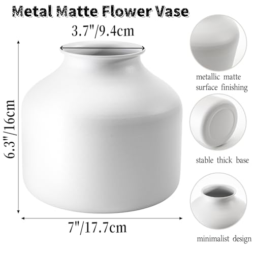 Image of Goaste Metal Matte Flower Vase, White Vase for Flowers, 6.3 Inch Tall Iron Frosted Floral Arranging Vases, Nordic Style Round Boho Vases for Modern Minimalist Home Decor, Wedding, Bookshelf