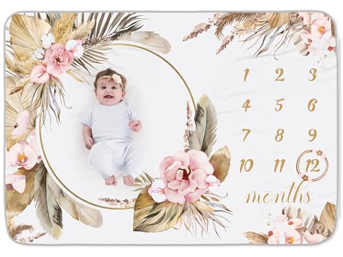 Image of Chumia Baby Monthly Milestone Blanket for Girl Boy 59"x39" Floral Boho Photo Prop Blanket Baby Age Milestone with Felt Wreath Frame