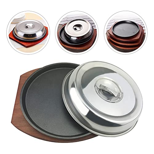 Cabilock 1 Set Sizzling Steak Plate Cast Iron Griddle Fajita Skillet Server Plate with Wooden Base Lid for Home Restaurant Pan Grilling Meats Seafood 23CM - Image 9