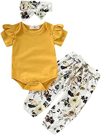 MIEKISA Baby Girls 3PCS Infant Toddler Clothes Romper Bodysuit Floral Halen Tops Pants Clothing Sets Headband Outfits (Short Sleeve Yellow, 6-12 Months (Tag 80))