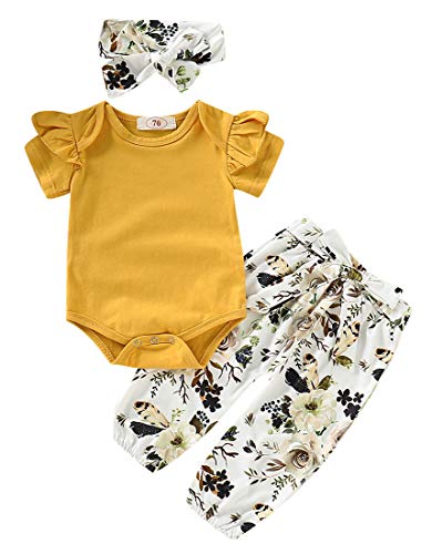 Miekisa Baby Girls 3Pcs Infant Toddler Clothes Romper Bodysuit Floral Halen Tops Pants Clothing Sets Headband Outfits (Short Sleeve Yellow, 6-12 Months (Tag 80)) #TOP3