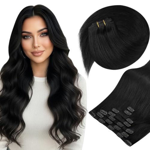 Image of Sunny Hair Clip in Hair Extensions Real Human Hair Natural Black 22 Inch | Clip on Real Hair Extensions for Women, Long Hair and Subtle Volume with Soft and Shiny Hair for Easy Everyday Style 120g