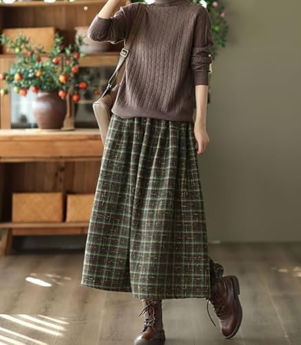 chouyatou Women's Vintage Plaid Pleated Wool Skirt Elastic Waist A-Line Midi Long Swing Skirt with Pockets4