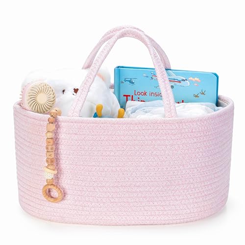 Image of Diaper Caddy Organizer, Empty Gift Basket for Newborn Essentials, Baby Storage Basket, Stylish Gift Bag for Baby Shower, Boys and Girls - Large, Light Pink