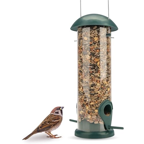 WILDLIFE FRIEND I Mangeoire à Oiseaux à Grain 20cm Vert - avec 2 Points d'approche I Station d'alimentation pour Oiseaux Exteurieur, Colonne Silo...