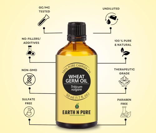 Image of Earth N Pure Wheat Germ Oil | 100% Pure & Natural Carrier Oil | For Skin, Hair & Massage | Nourishing DIY Beauty Oil | 50ml
