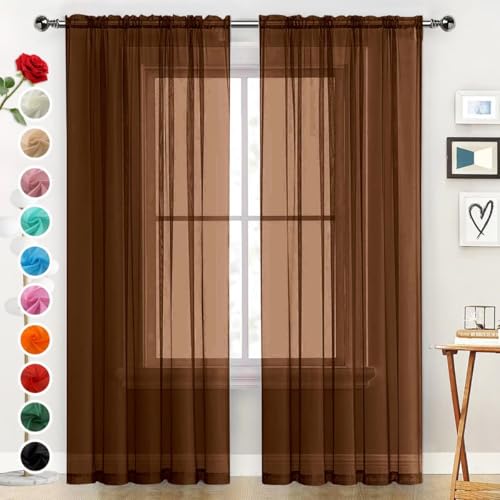 SpaceDresser Sheer Voile Window Treatment Rod Pocket Curtain Panels for Kitchen Bedroom Living Room Drapes Sunlight Filtering Privacy Semi Home Decor Assorted (Brown, 52 W x 84 L)