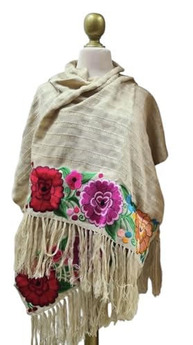 La Santa Art Mx Mexican handmade rebozo embroidered floral. Mexican Shawl. blanket for Mexican cold. Rebozo Mexicano de telar (Beige)