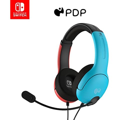PDP Gaming LVL40 Stereo Kopfhörer mit Mic für Nintendo Switch - PC, iPad, Mac, Laptop Compatible - Noise Cancelling Microphone, Lightweight, Soft Komfort On Ear Kopfhörer, 3.5 mm Jack - neon Blau-Rot Cover