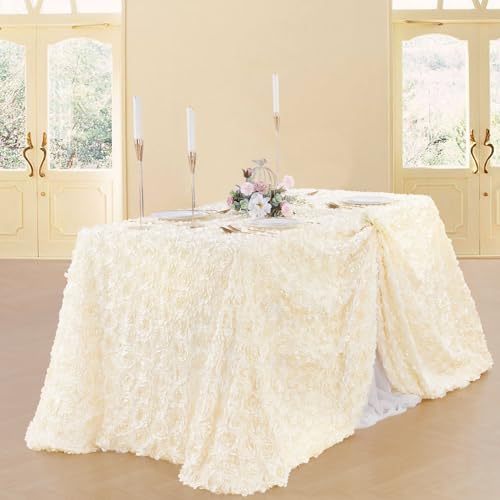 Fanqisi Ivory Tablecloth 90x156 Inches Rosette Satin Table Cover Home Party Decorations for Wedding Party Table Top Decor by Fanqisi - Image 2