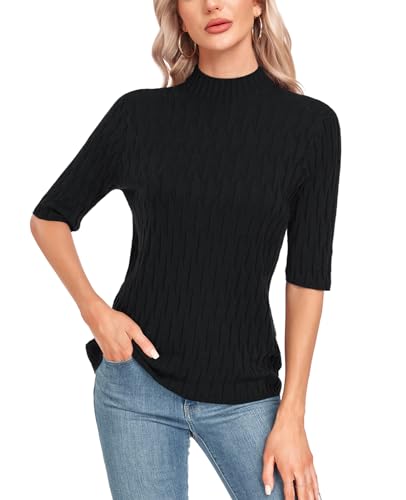 Image of MINTLIMIT Womens Turtleneck Sweaters Short Sleeve 2024 Fall Winter Casual Texture Shirt Blouse Knit Pullover Sweater