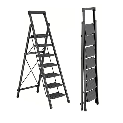 Image of 7 Step Ladder with Platform, Folding Step Stool Heavy Duty, Portable Step Ladders with Anti-Slip Widen Pedals, Handrail, Safe-Lock Design, Tall Kitchen /Closet Step Ladder for Adults,Carbon Steel