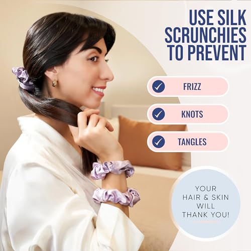 Image of Blissy Silk Scrunchies (3 Pack) - 100% Pure Mulberry Silk - 22 Momme 6A High-Grade Fibers Scrunchie for Straight & Curly Hair - Preventing Breakage, Tangling, & Creasing (Lavender Skinny)