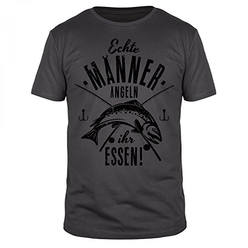 FABTEE Echte Männer Angeln Essen - Herren Fun T-Shirt | Plus 2 Gratis Aufkleber | Als Geschenk zu Weihnachten, Geburtstag oder einfach so | in Größen bis 4XL, Größe:XL, Farbe:Anthrazit