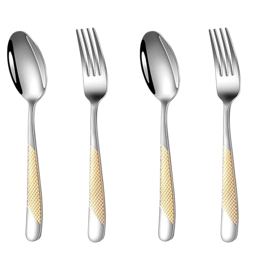 Image of Sterling Silver with Golden Handle French Style Silverware | 4-Piece Hammered Cutlery | 2-Piece Dinner Fork & Dinner Spoon | Flatware | Elegant Dining for Home,Restaurants & Gifting