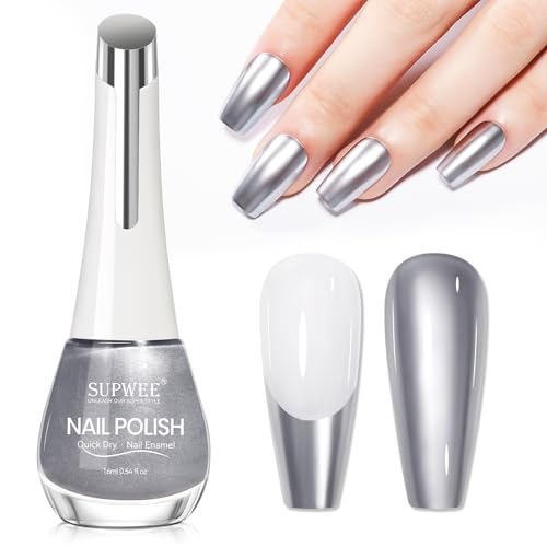 SUPWEE Silver Metallic Nail Polish Quick Dry Mirror Nail Polish Non Gel High Glossy Nail Lacquer Air Dry Chrome Nails Polishes Oil-based Holo Fingernail and Toenail