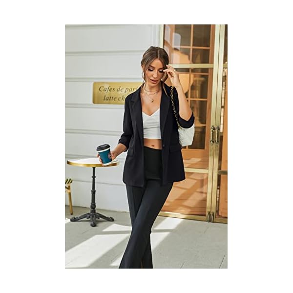Hotouch Womens Casual Blazers 3/4 Stretchy Ruched Sleeve One Button Work Office Blazer Open Front Jacket S-XXXL Black - Image 6