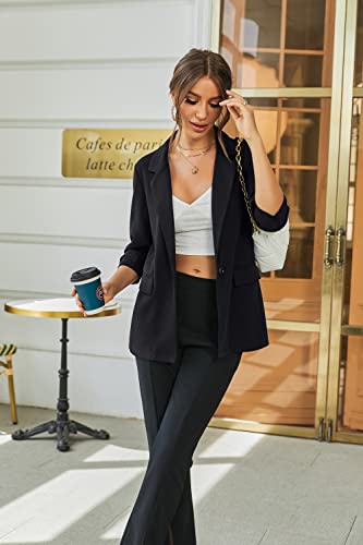 Hotouch Womens Casual Blazers 3/4 Stretchy Ruched Sleeve One Button Work Office Blazer Open Front Jacket S-XXXL Black - Image 6