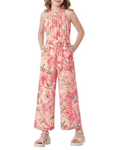 GRACE KARIN Girls Floral Jumpsuit Kids Halter Summer Belted Romper Wide Led Long Pants Pink and Yellow 7Y