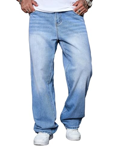 Image of AVANOVA Men's Baggy Fit Jeans- Solid Washed Denim Straight Wide-Leg | Streetwear Casual Dailywear Pants for Men | Trendy Loose-Fit Mid-Waist Denim Trousers (Jeans 247)