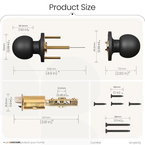 HOSOM Passage Door Knob, Matte Black Door Knobs Keyless Doorknobs for Interior Doors, Hallway, Closet and More, No Locking Door Handle, 1 Pack - Image 3