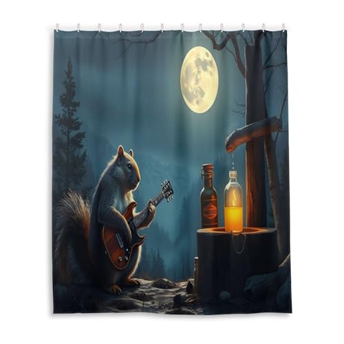 DUOBU Squirrel Playing Guitar Shower Curtain Washable Waterproof Fabric Bath Curtain 60x72Inch Shower Curtains with Hooks for Bathroom Decor