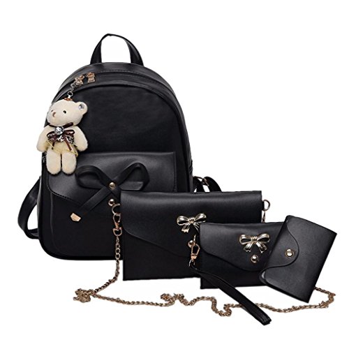 VESNIBA Women Girl Four Sets Backpack Handbag Shoulder Bags Four Pieces Tote Bag Crossbody (Black)