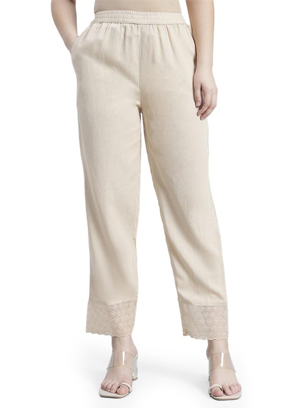 Image of GO COLORS Rayon Blend Ethnic Pant Organza for Women Full Length| Mid Rise, Lace Design