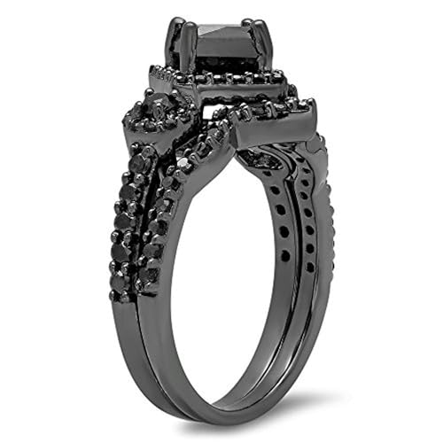3.10 Carat (Ctw) 14K Black Gold Finish Sterling Silver Round Black Diamond Ladies Bridal Halo Style Engagement Ring With Matching Band Set2