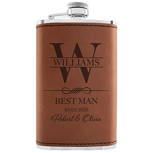 Personalized Hip Flask - Engraved Leatherette 6 Oz Best Man & Groomsmen Proposal Gifts Wedding Party Favors - Chestnut #4