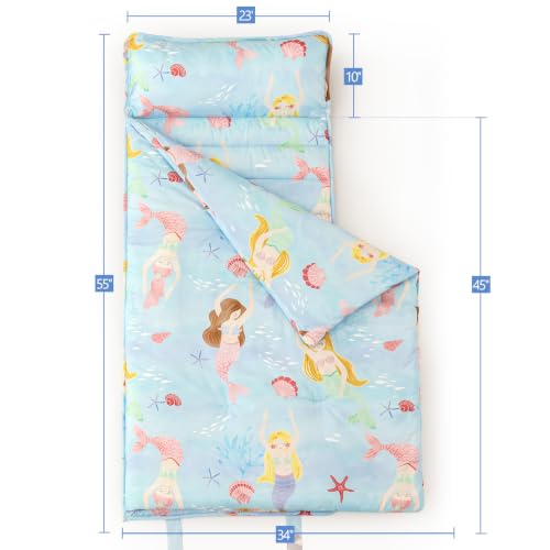 Image of PHF Soft Toddler Nap Mat with Removable Pillow, Rollup Design Kids Sleeping Mat, Slumber Bags for Girls, 55 inchx23 inch Toddler Sleeping Bag for Daycare Preschool Travel Camping, Mermaid & Sea