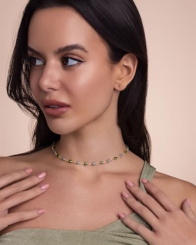 18K gold plated Blue Green Enamel Bead Stone Healing FULLY ADJUSTABLE Statement Necklace Choker for Women by SNGIA, Colorful Beaded Acrylic Strand Tennis Trendy Bohemian Preppy Retro Handmade Jewelry Gifts, Multicolor Vintage Unique Cute Baroque Summer Beach Fashion Nickle Free Accessories2