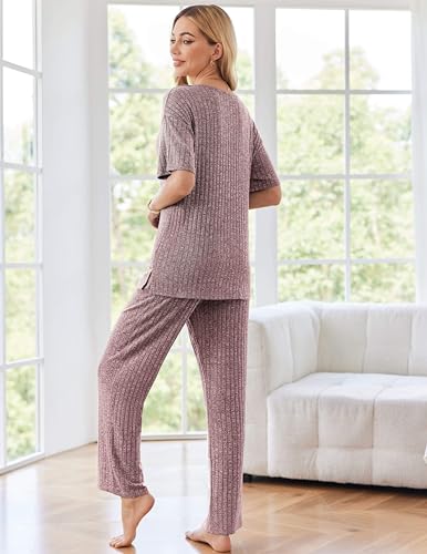 Image of Ekouaer Womens Ribbed Knit Lounge Set Short Sleeve Top and Long Pants Sleepwear Pajama Set Two Piece Matching Outfits Set